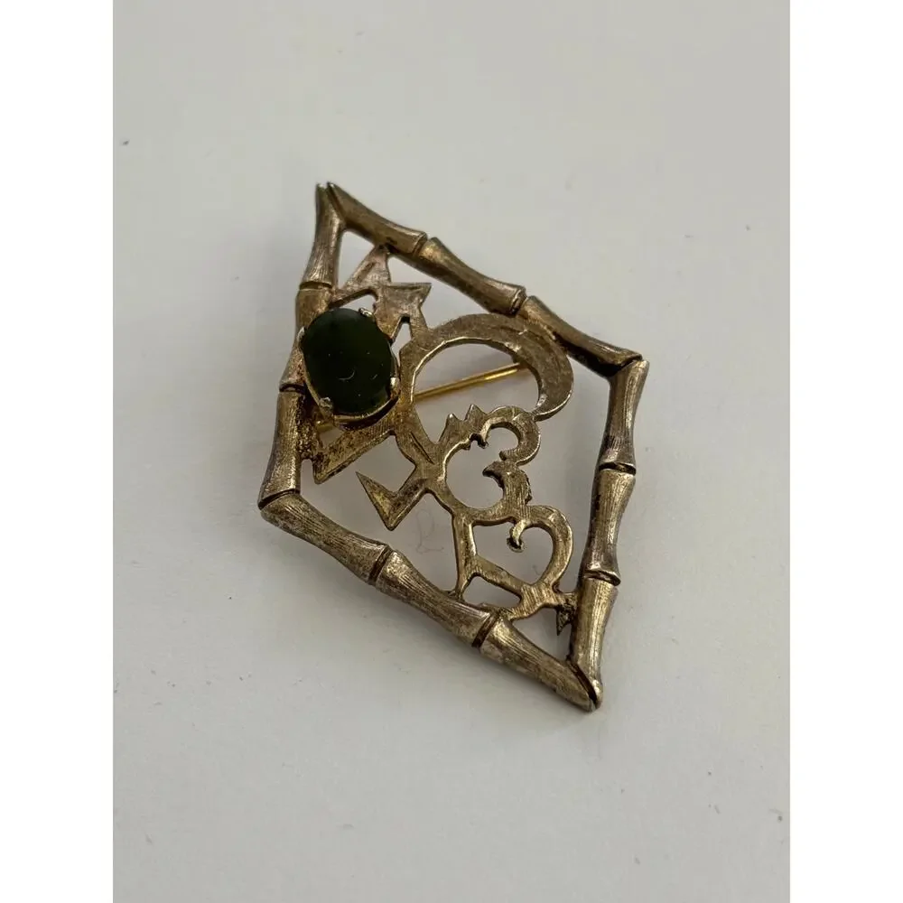 Vintage Wells Sterling Silver Gold Gilt Jade Bamboo Asian Style Brooch Pin